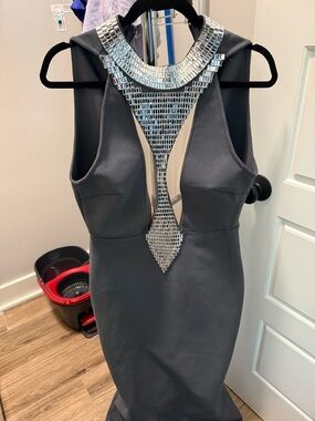 Elegant Black Dress with Silver Embellished Neckline